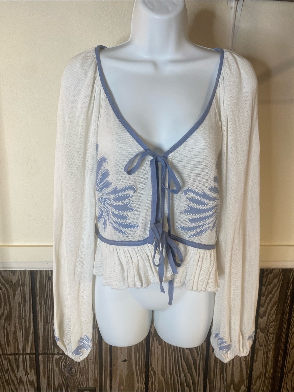 Free People Cream Sweater Cardigan with Blue Trim